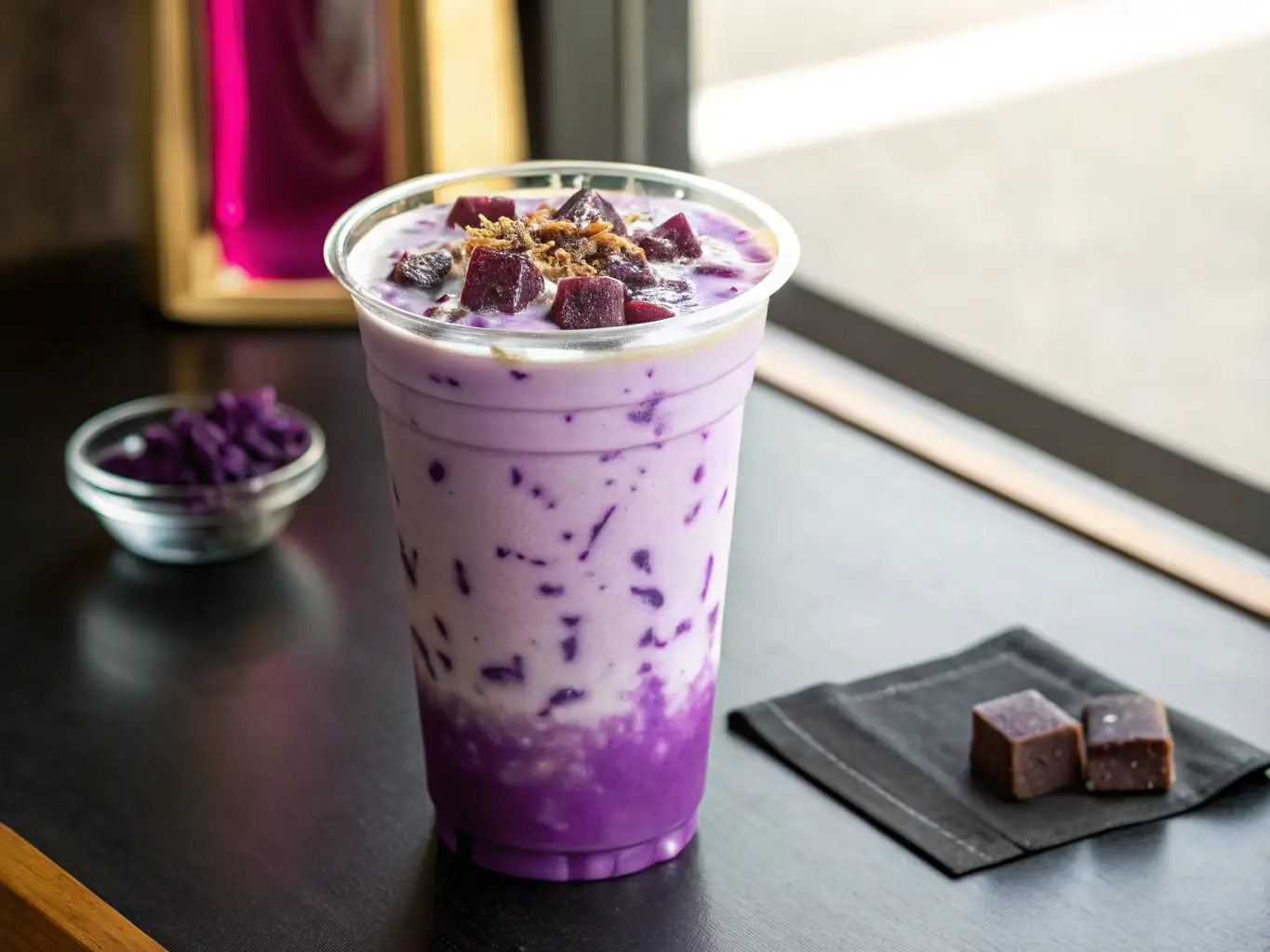 A close-up shot of a 'Taro Bubble Tea' with visible tapioca pearls at the bottom of the glass. The drink has a creamy, purple hue, and the background is a minimalist, modern setting with soft lighting.