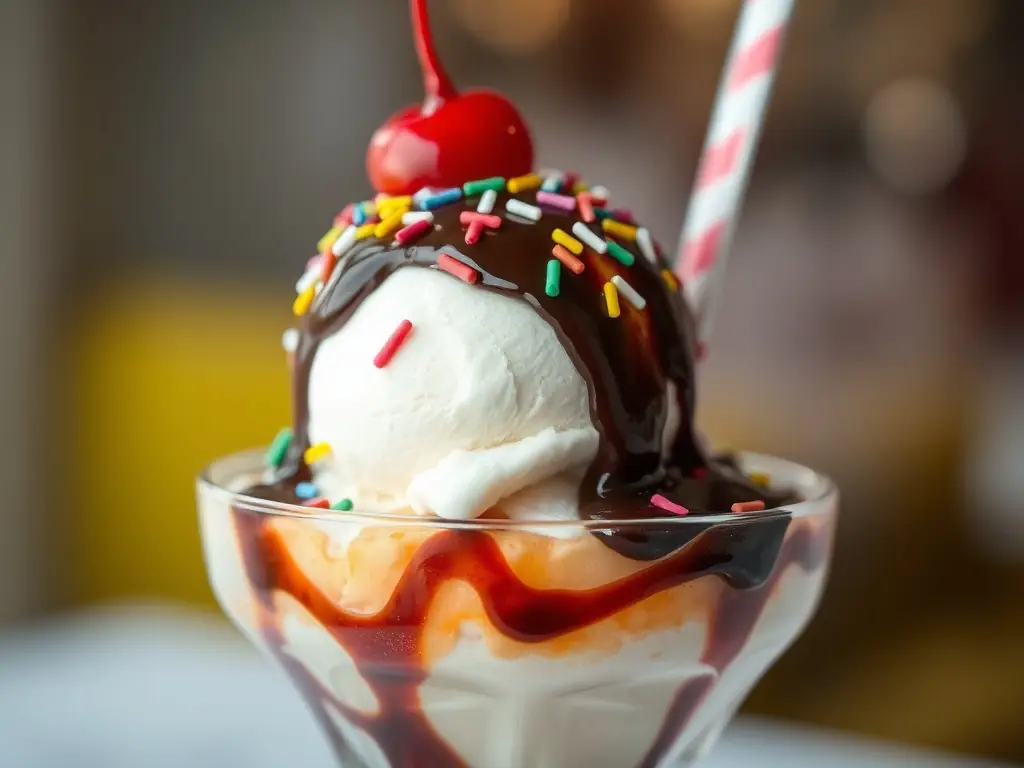 An artistic photo of a seasonal ice cream creation, featuring unique ingredients and a visually appealing presentation, set against a backdrop of seasonal decorations.