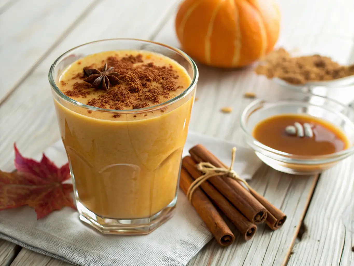 A visually appealing image of a 'Pumpkin Spice Latte' served in a clear glass mug, garnished with whipped cream and a sprinkle of cinnamon. The background is a cozy, autumnal setting with warm lighting and fall-themed decorations.