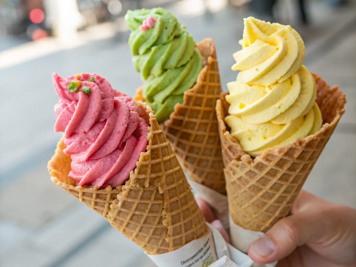 A vibrant photo showcasing a variety of Frost & Foundry's ice cream flavors in waffle cones, with colorful toppings and a blurred background of the shop's interior.