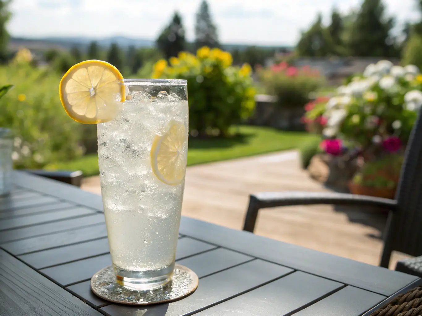 A vibrant, eye-level shot of a 'Strawberry Basil Loaded Lemonade' in a clear glass, showcasing the layers of strawberries, basil leaves, and lemonade. The background is a bright, sunny outdoor setting with a blurred view of the ice cream shop's patio.