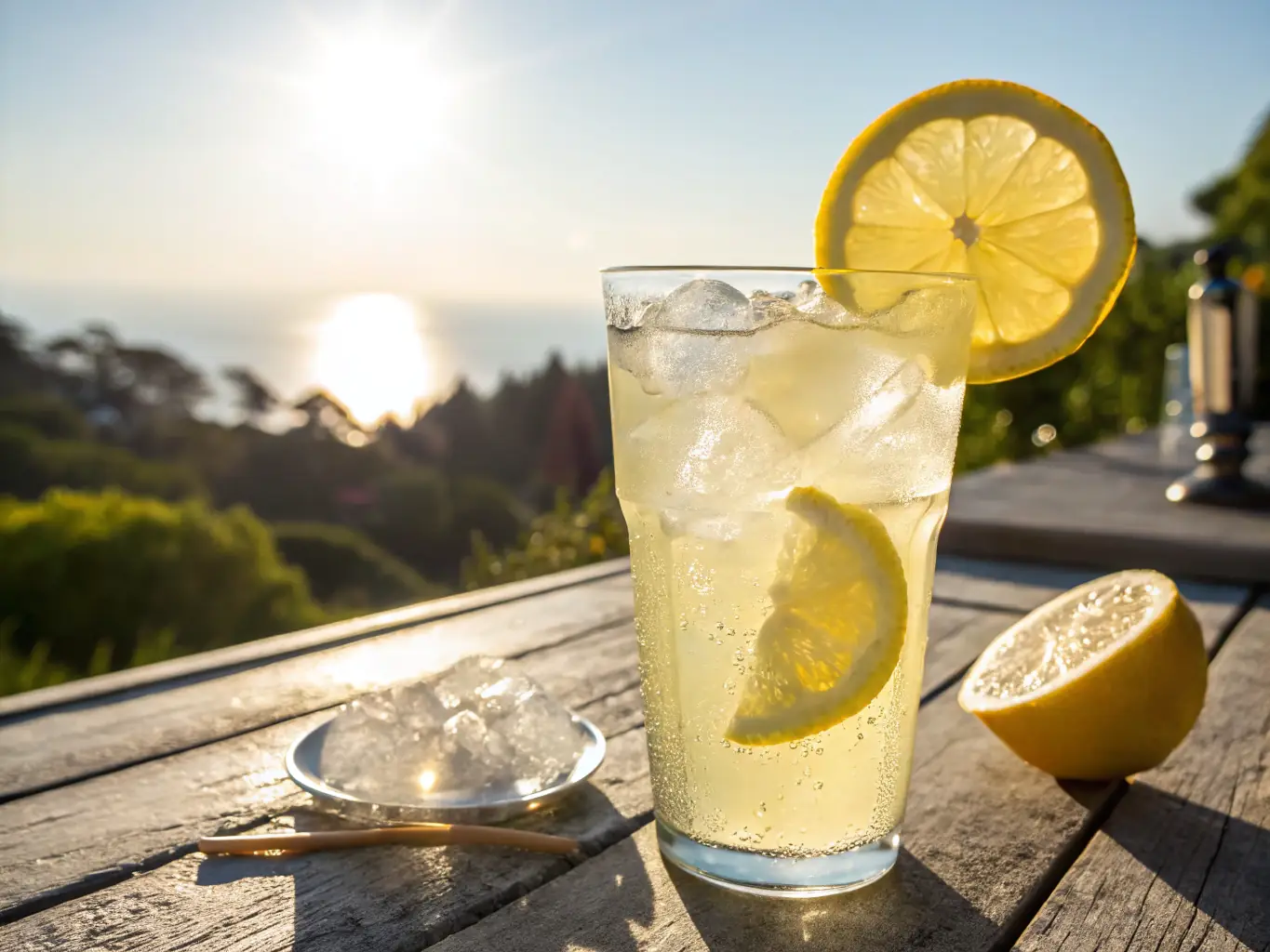 A close-up shot of a loaded lemonade with fresh fruit slices and a colorful straw, highlighting the refreshing and vibrant nature of the drink.