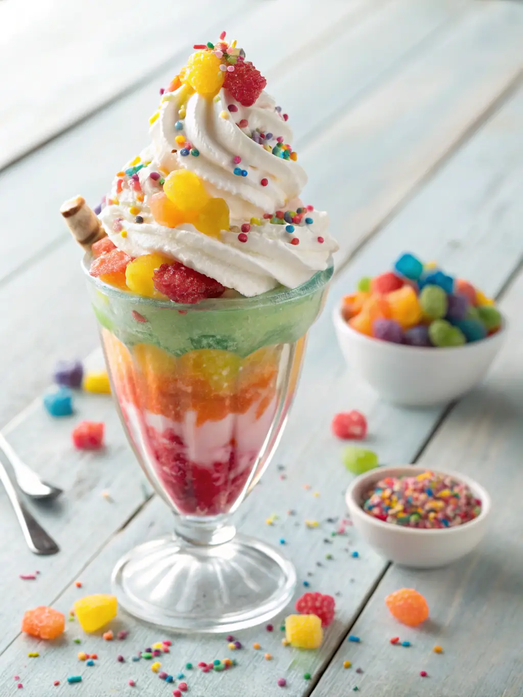 A colorful image of various toppings such as sprinkles, gummy bears, chocolate sauce, and whipped cream, displayed in separate containers at Frost & Foundry.
