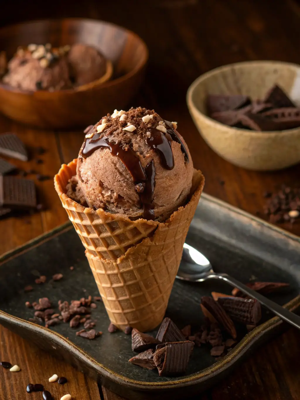 A close-up shot of a scoop of rich, dark chocolate ice cream with chocolate shavings on top, served in a waffle cone at Frost & Foundry.