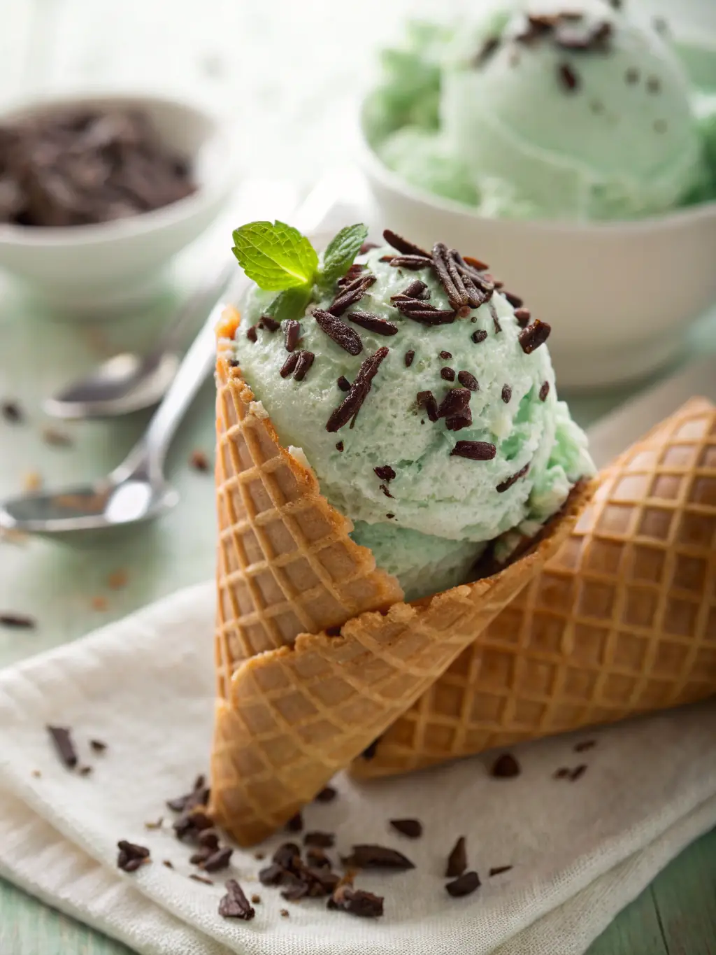 A visually appealing image of a scoop of mint chocolate chip ice cream with visible chocolate chips, served in a sugar cone at Frost & Foundry.